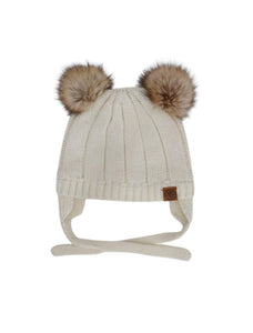 cream winter hat with double pom poms