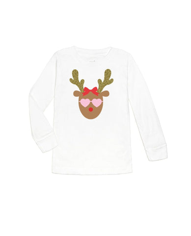 long sleeve white shirt with reindeer design