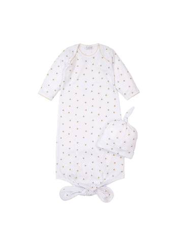 white sleep sack with bees all over and matching hat