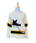 ivory sweater with black hockey skate and yellow/black stripe details