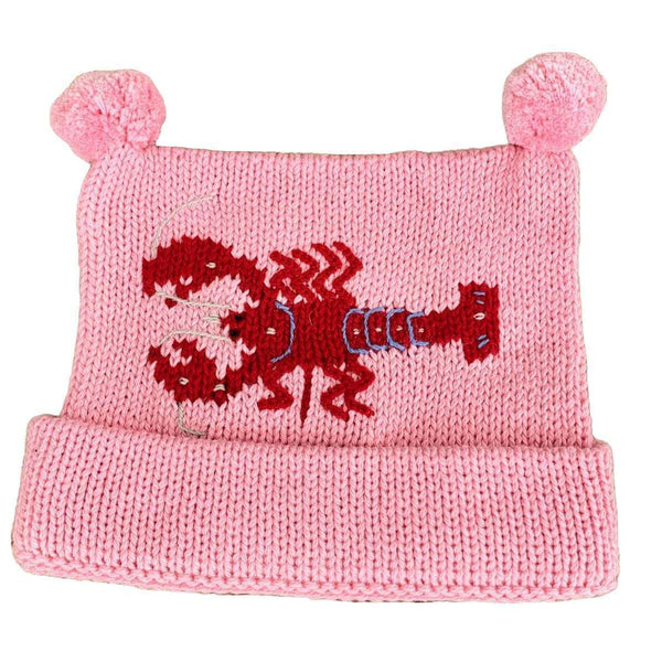 matching pink knit hat with one horizontal red lobster in center, hat is rolled once at bottom, with two pink poms at top