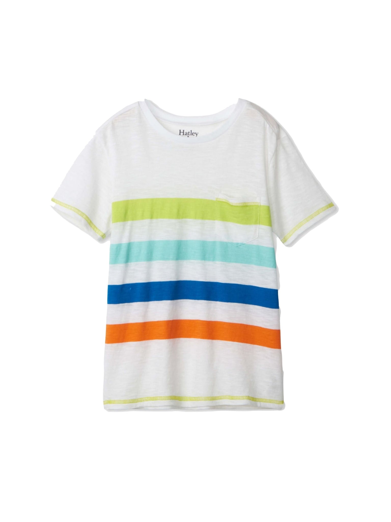 short sleeved white tee with green, teal, blue and orange stripes - Hatley boys tee