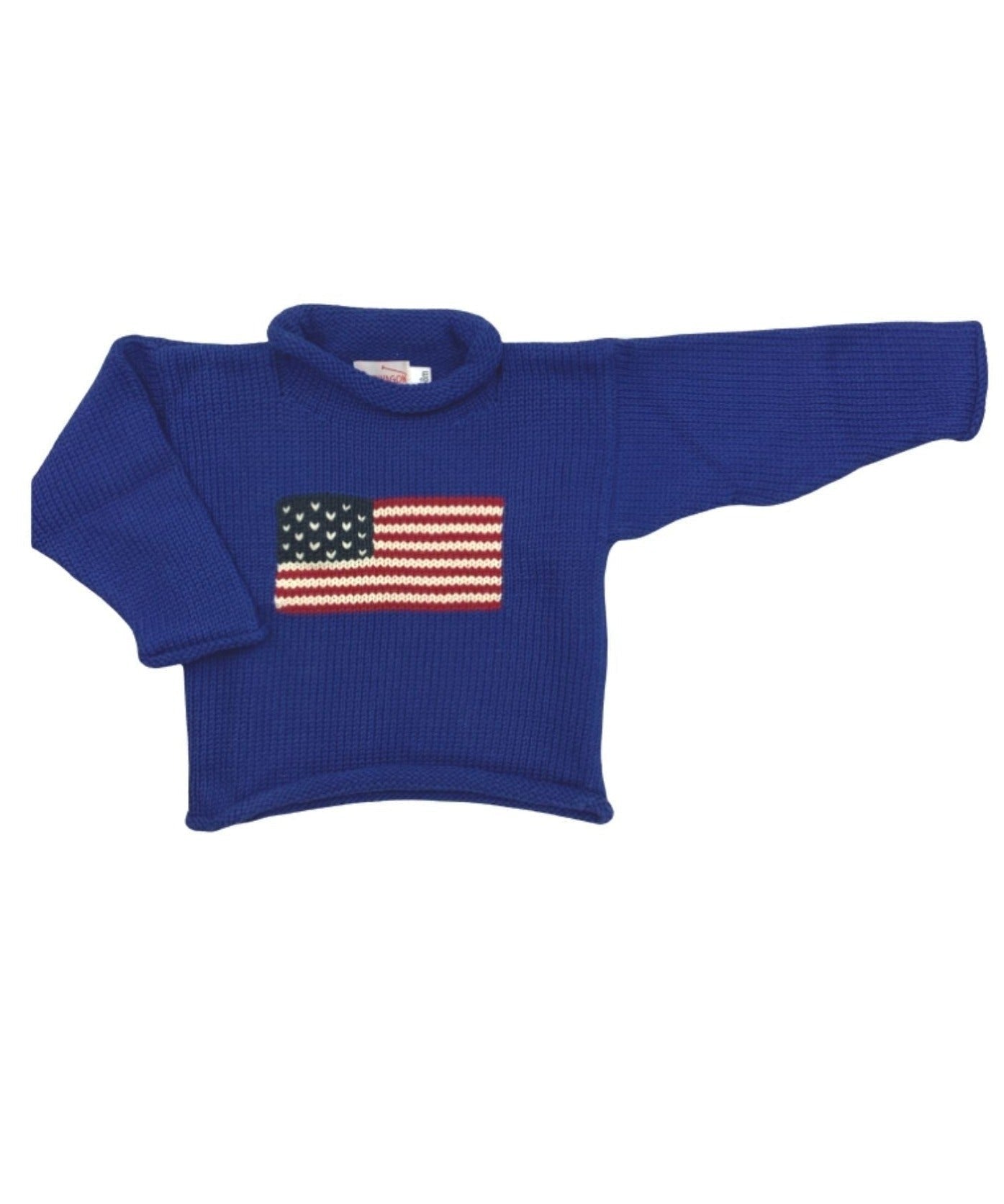 blue long sleeve sweater with red white and blue American flag design