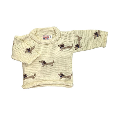 long sleeve ivory sweater with dachshund dogs all over