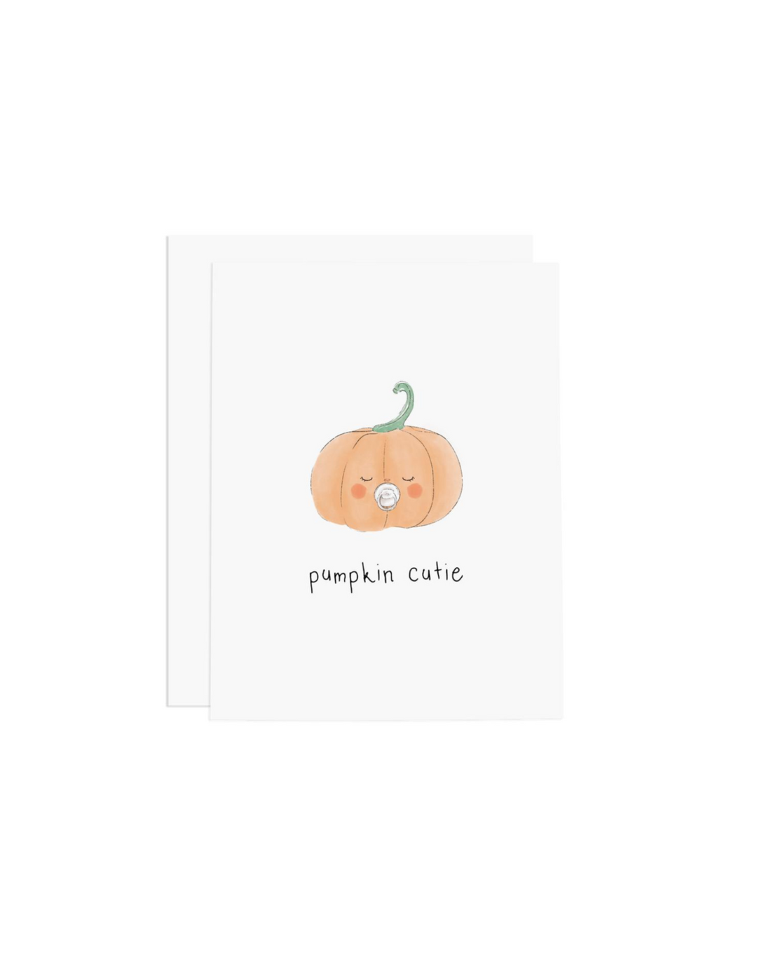 white card with orange pumpkin with a pacifier in its mouth