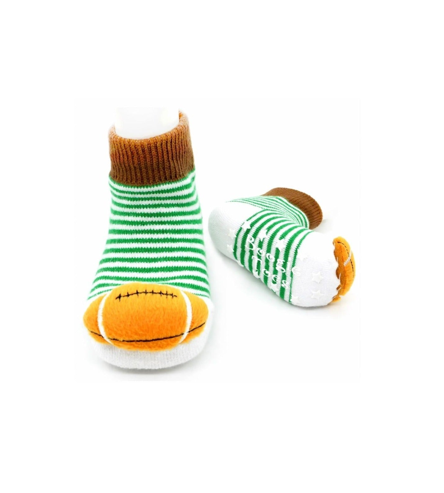 green and white striped socks with brown trim at ankle and tan plush football on toes