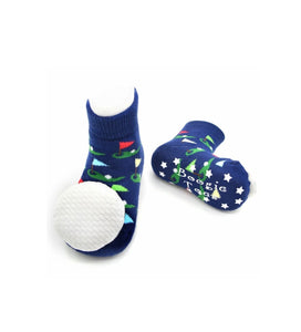 navy socks with tee holes all over and golf flags with white plush golf balls on toes