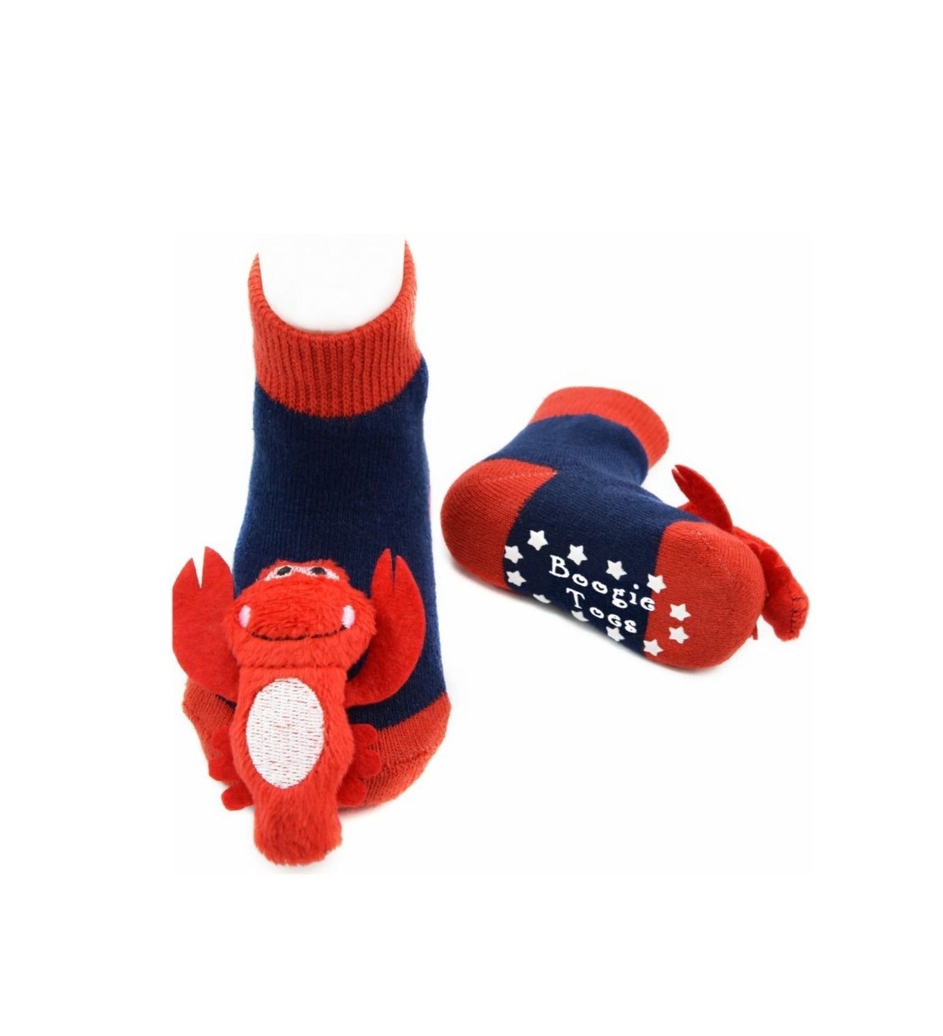 navy socks with red trim at ankle, red on toes, and red plush lobsters on each foot