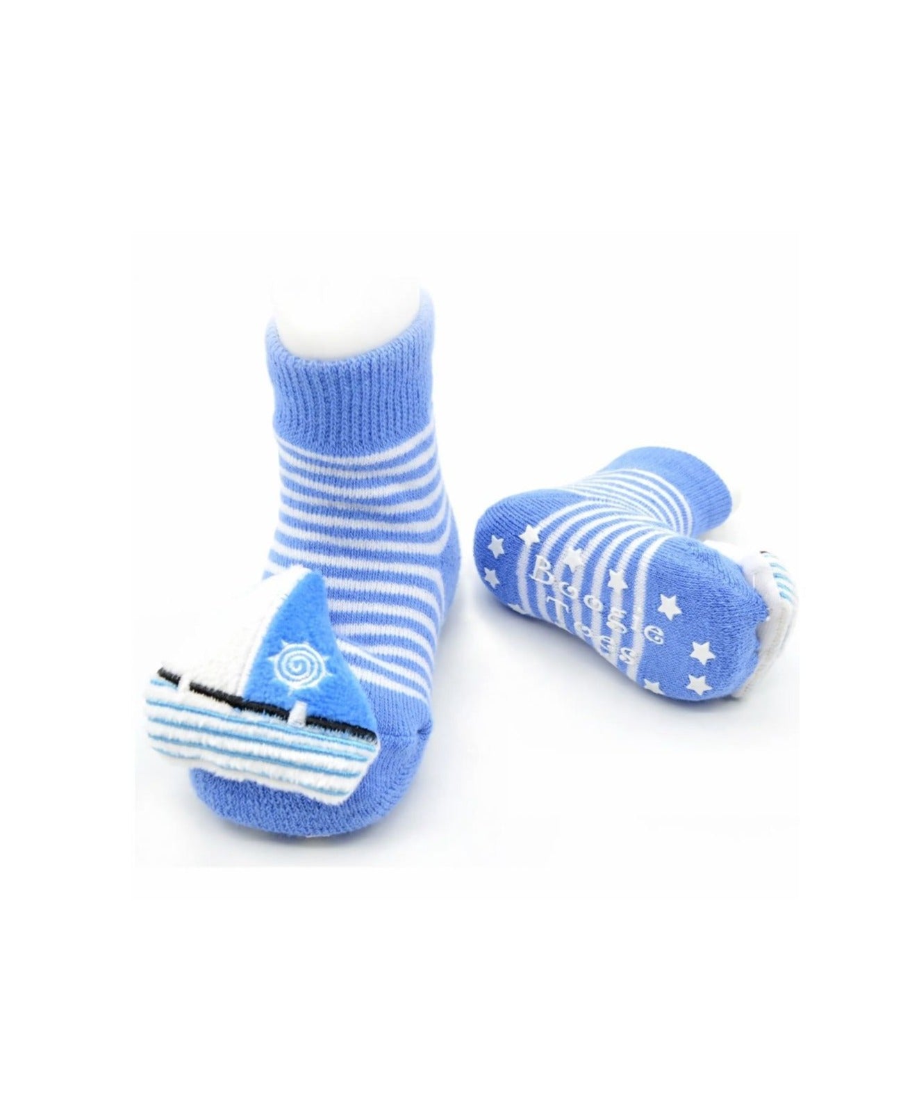 bleu and white striped socks with blue and white sailboats on each foot