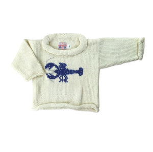 ivory roll neck sweater with dark blue horizontal lobster knitted on front center