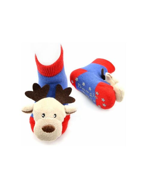 red and blue socks with tan and brown plush reindeer head on each foot