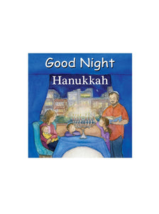 blue cover with family, mom, dad, brother, sister and baby at table lighting a menorah
