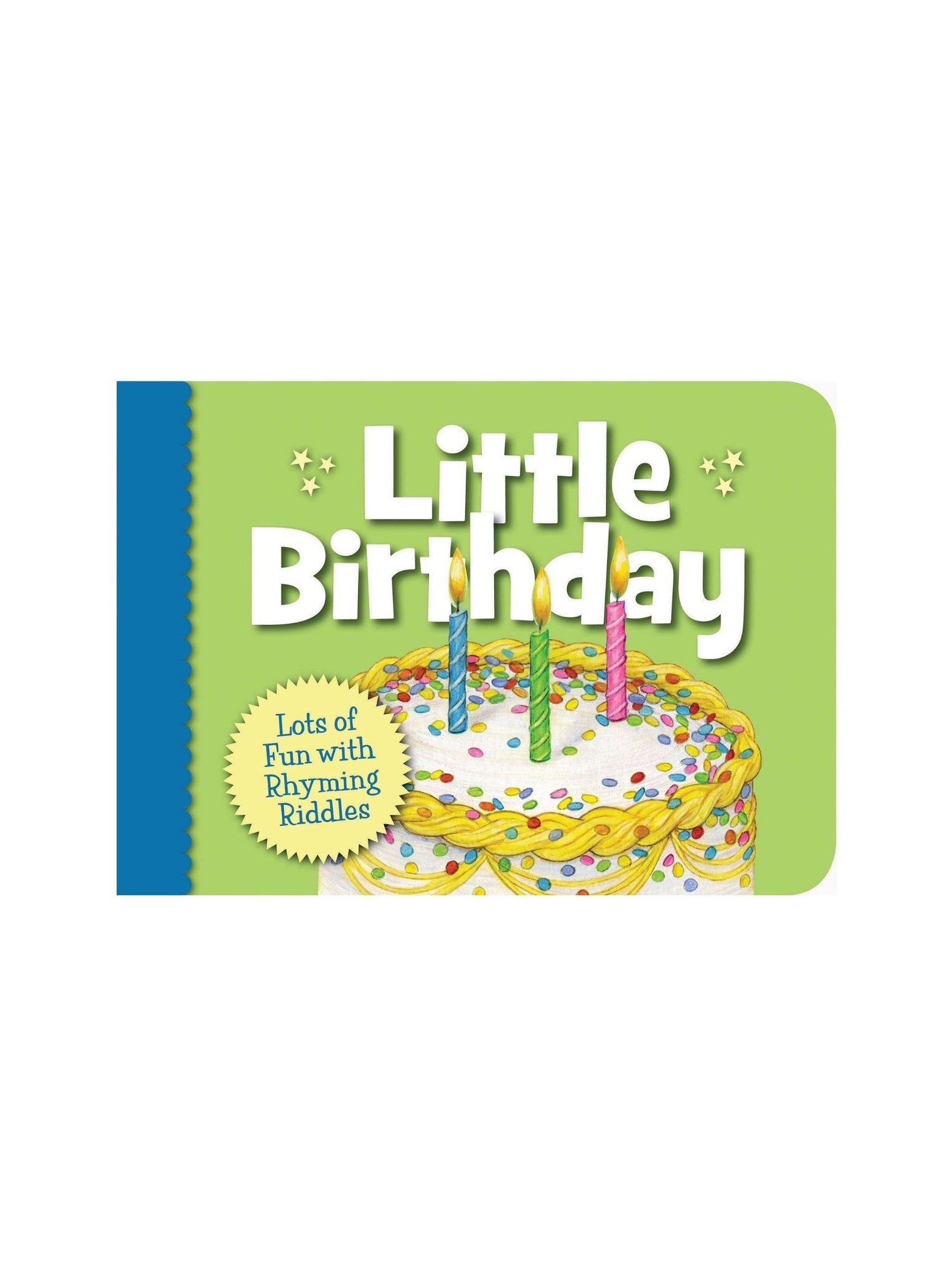 cover is green with white and colorful sprinkled birthday cake with candles