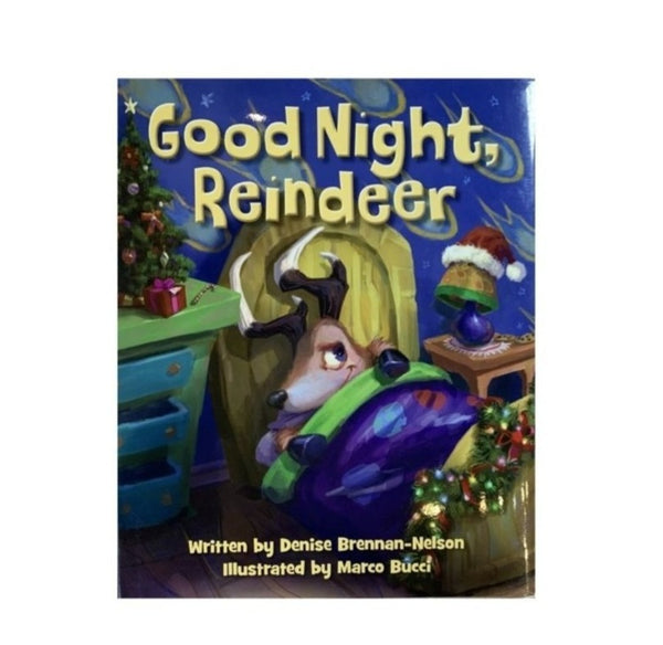 blue cover with Good Night, Reindeer on front and shows a reindeer tucked into a bed with festive decorations around