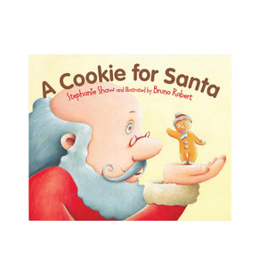 cover of book, tan with santa with no hat on front holding a gingerbread man in his hand