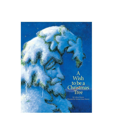 blue background with droopy tree on front with snow and icicles on it