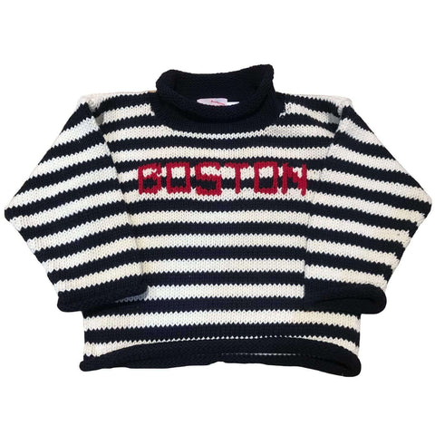 white and black striped roll neck sweater with "BOSTON" knitted on the front center in red