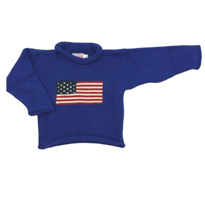 blue long sleeve sweater with red white and blue American flag design