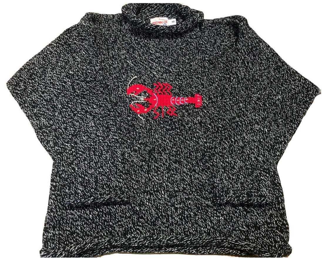 marbled gray roll neck sweater with red horizontal lobster on front center
