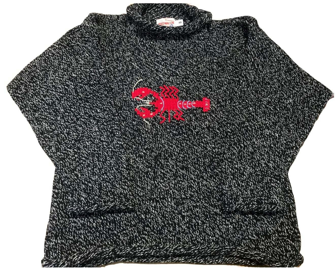 marbled gray roll neck sweater with red horizontal lobster on front center