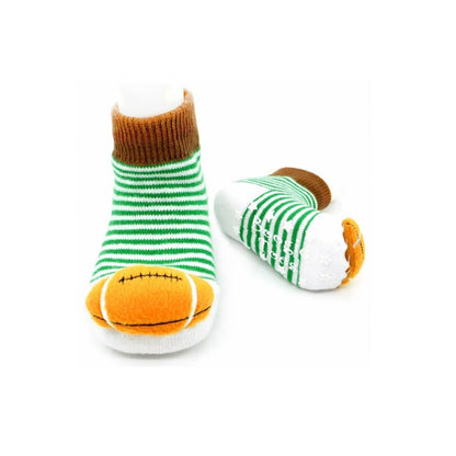 green and white striped socks with brown trim at ankle and tan plush football on toes