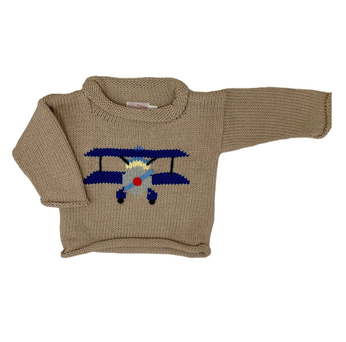 tan sweater with blue biplane in center