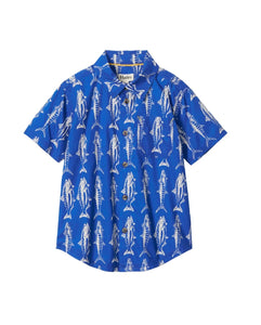 blue button down shirt with white fish all over - hatley kids shirt