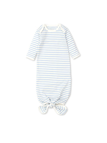white sleep sack with blue stripes all over and knotted at bottom