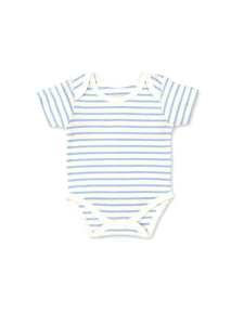 blue and white striped short sleeve onesie