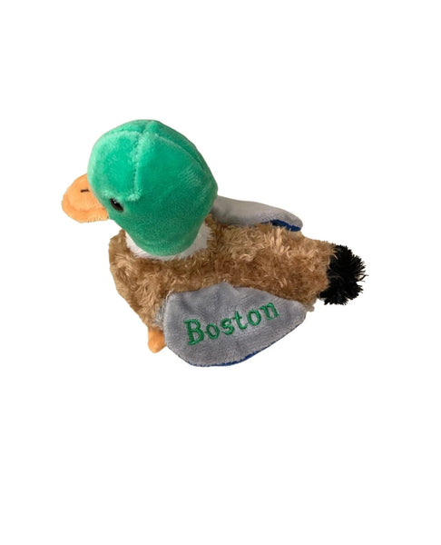 green brown and grey mallard duck plush with Boston embroidered in green on the wing