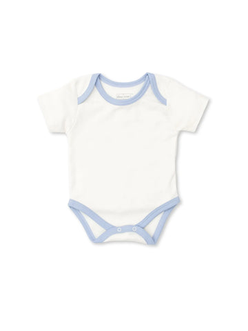 white onesie with blue lining on neck and bottom