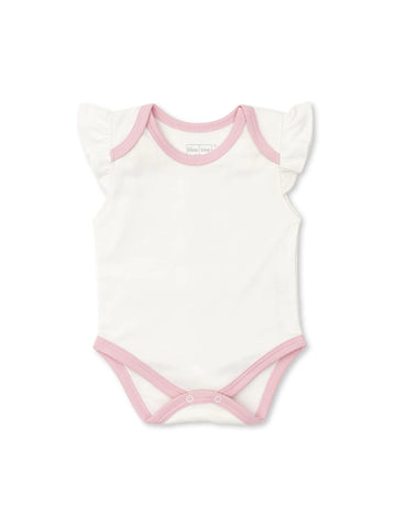 white onesie with ruffle sleeves and pink lining on neckline and bottom