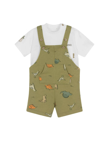 green overalls with dinosaurs all over and white shirt underneath