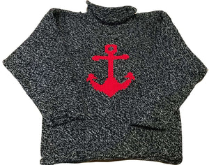 marbled gray roll neck sweater with red anchor on front center