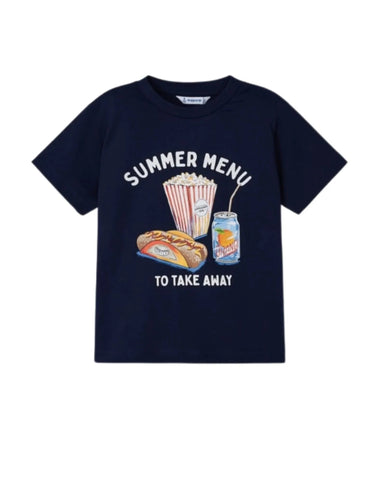 Navy shirt that says Summer Menu with popcorn, hot dog and drink