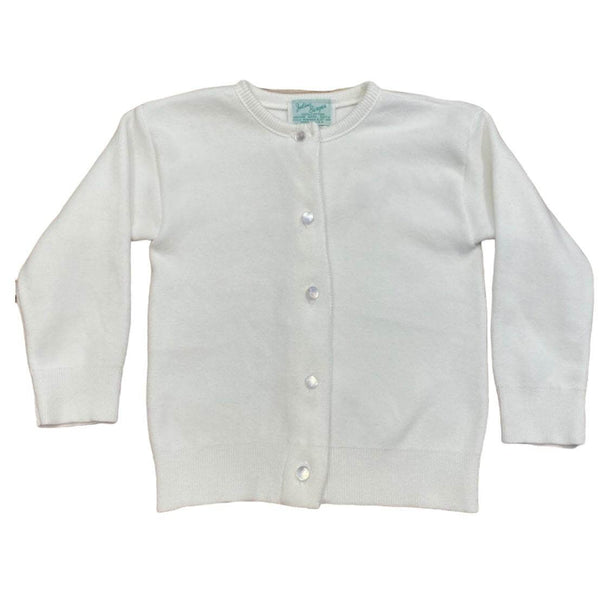 kids sized cardigan, 5 buttons on front and ribbed neckline