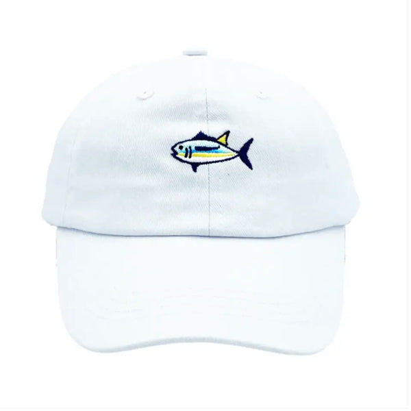 white baseball cap with embroidered fish