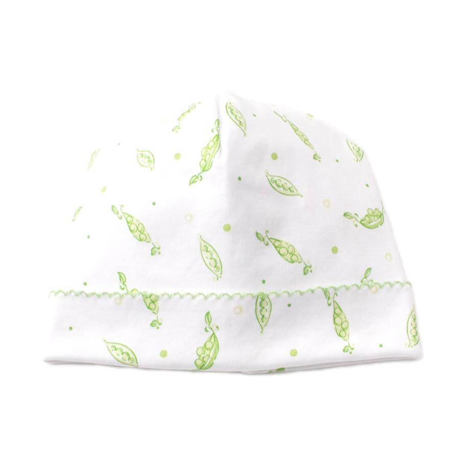 white hat with green pea pods and peas, hat folds up once at bottom