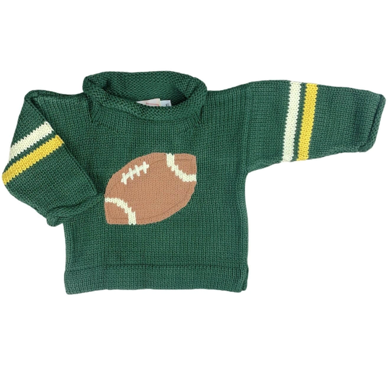 green roll neck sweater with yellow and white stripes on each arm, 2 stripes on each arm with brown and white football in center of sweater