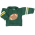 green roll neck sweater with yellow and white stripes on each arm, 2 stripes on each arm with brown and white football in center of sweater