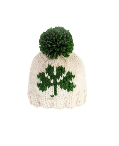ivory hat with green shamrock and green pom at top