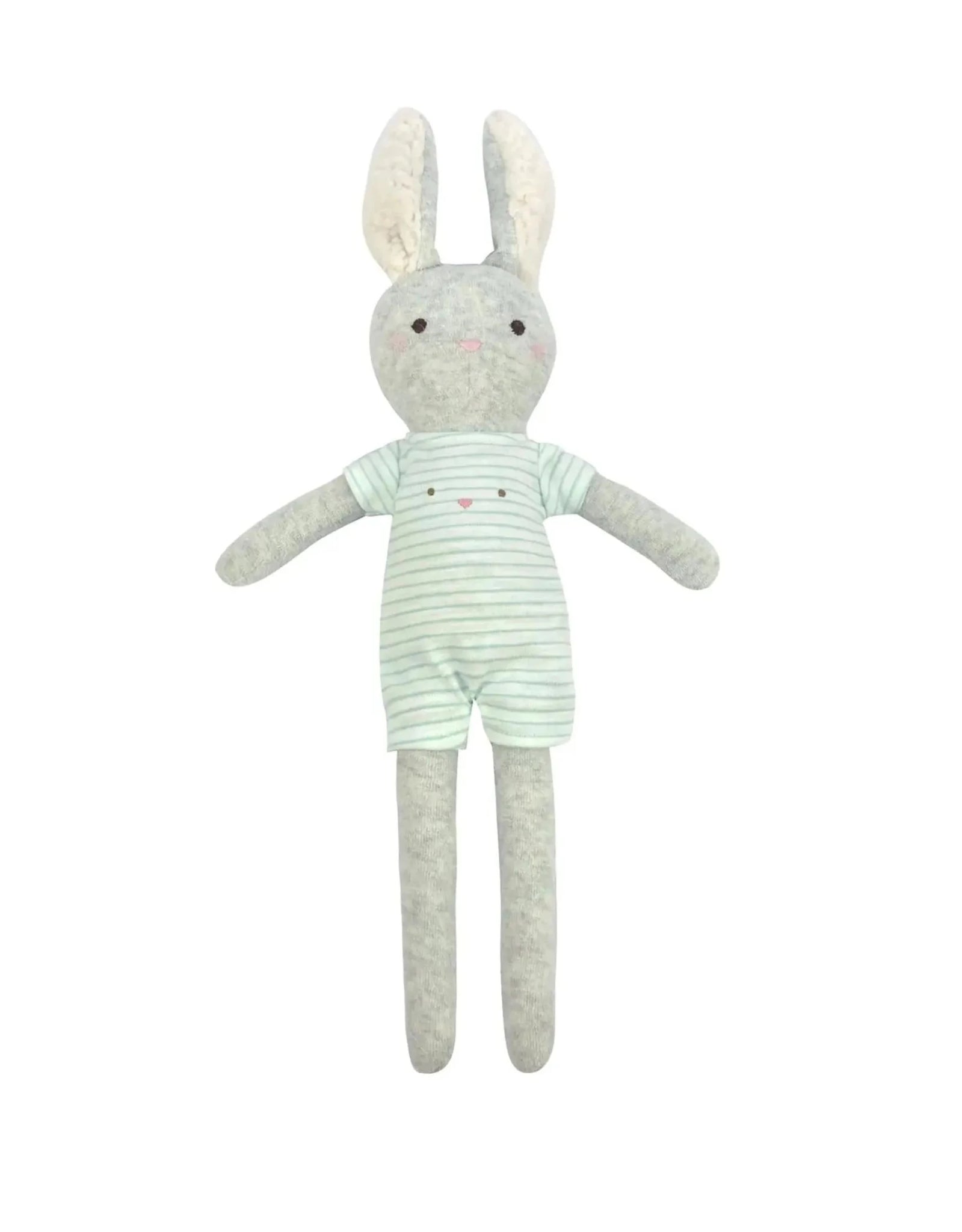 grey bunny plush wearing striped romper