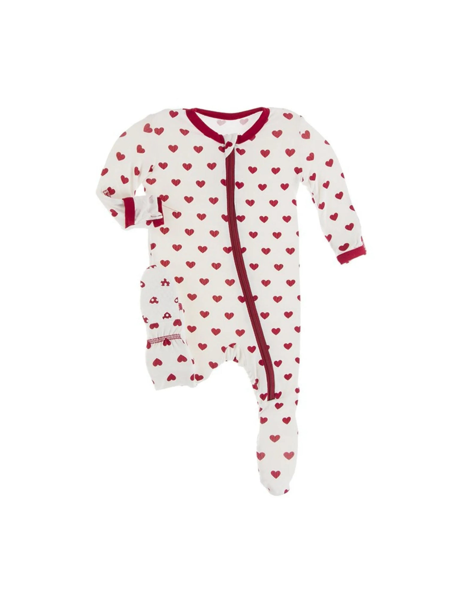 white footie with red hearts and red zipper