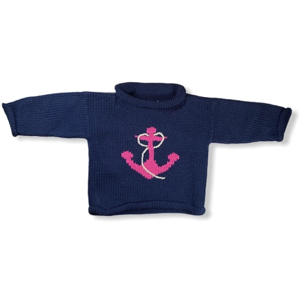 navy roll neck sweater with pink knitted anchor on front center with rope detail around anchor