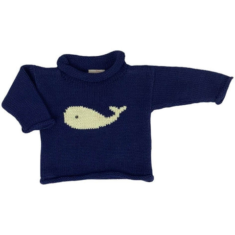 navy roll neck sweater with ivory whale knitted on front center with navy eye