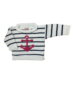 white and navy striped long sleeve sweater with pink anchor 