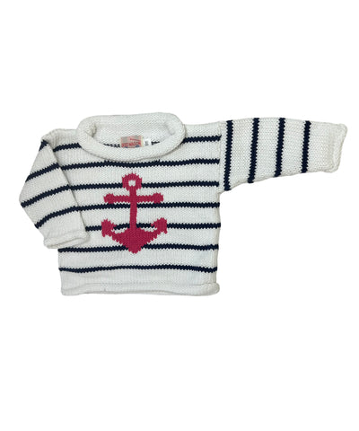white and navy striped long sleeve sweater with pink anchor 