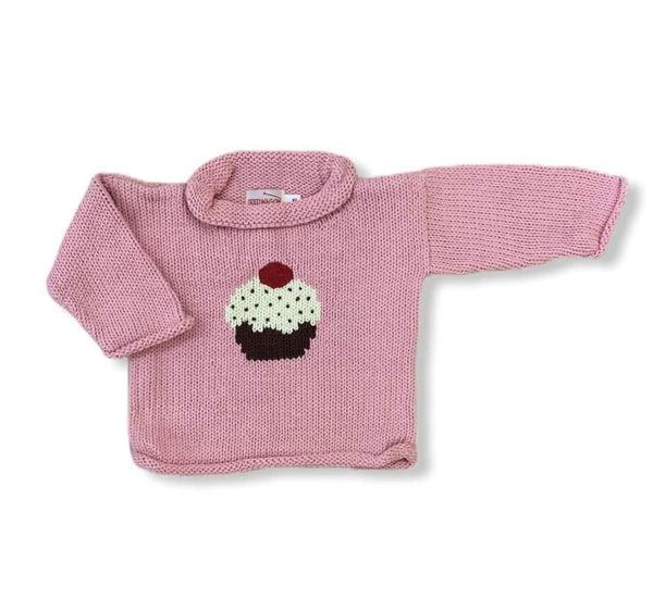 matching sweater, pink with brown, white and red cupcake in center