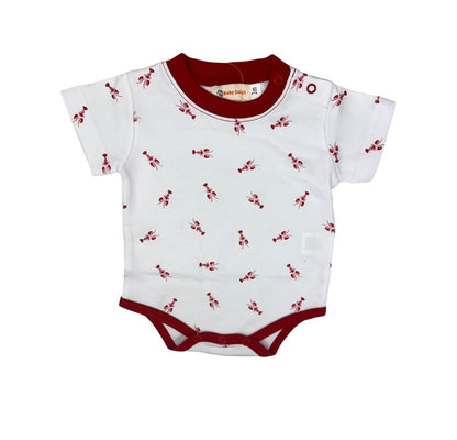 white short sleeve onesie with red lobsters all over and red trims