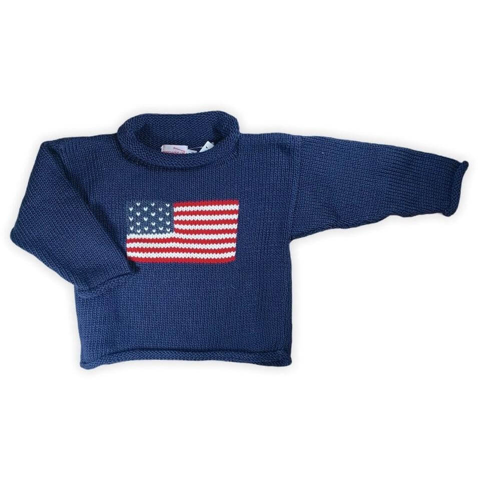 navy roll neck sweater with American flag knitted in front center